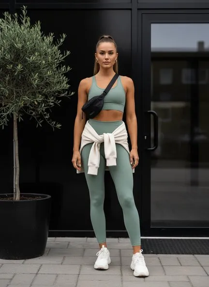 Sage green ribbed sports bra and high-waisted leggings with a cream hoodie tied at the hips, a black crossbody sling bag and white chunky sneakers