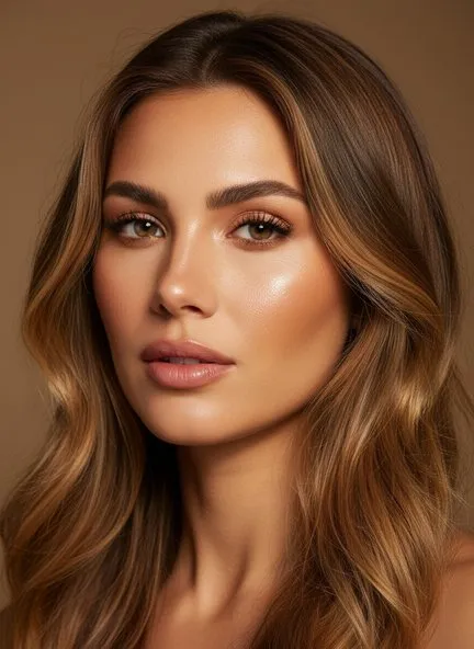 Beach vacation makeup on sun-warmed skin — a sheer bronzed base with texture left visible, brushed brows, warm shimmer on the lids and a glossy peach-nude lip