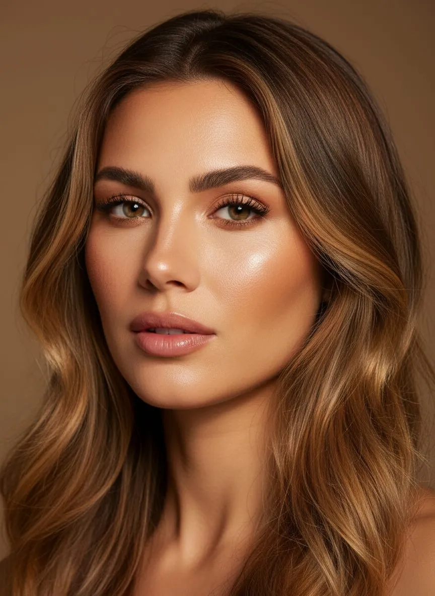 Beach vacation makeup on sun-warmed skin — a sheer bronzed base with texture left visible, brushed brows, warm shimmer on the lids and a glossy peach-nude lip