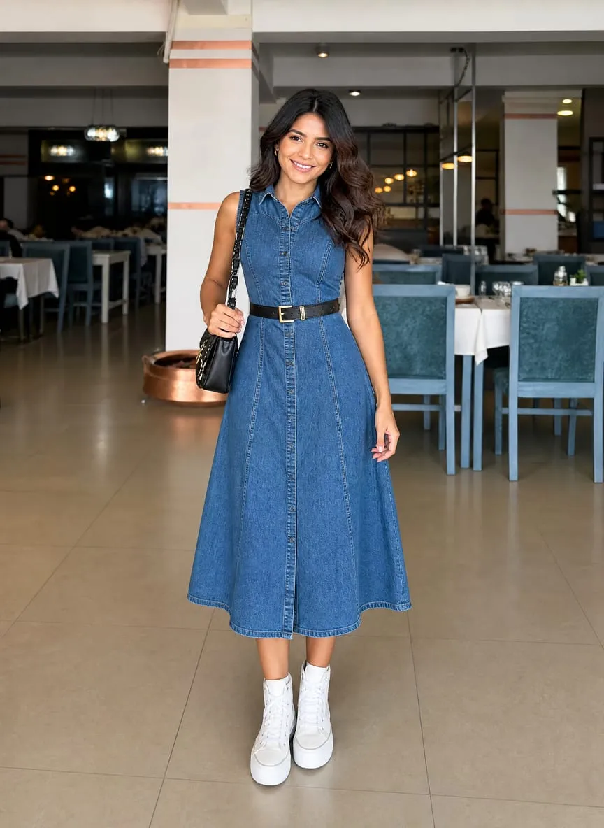 Mid-blue washed denim sleeveless shirt dress belted at the waist over a full A-line midi skirt, worn with a black quilted shoulder bag and white platform sneakers
