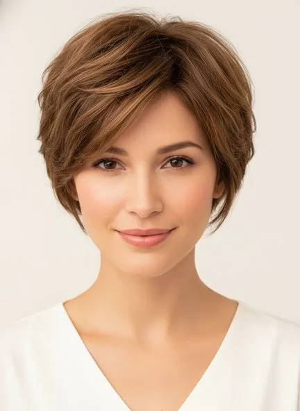 Short chestnut bixie with a side-swept fringe, textured crown layers and tapered front pieces falling to the jaw