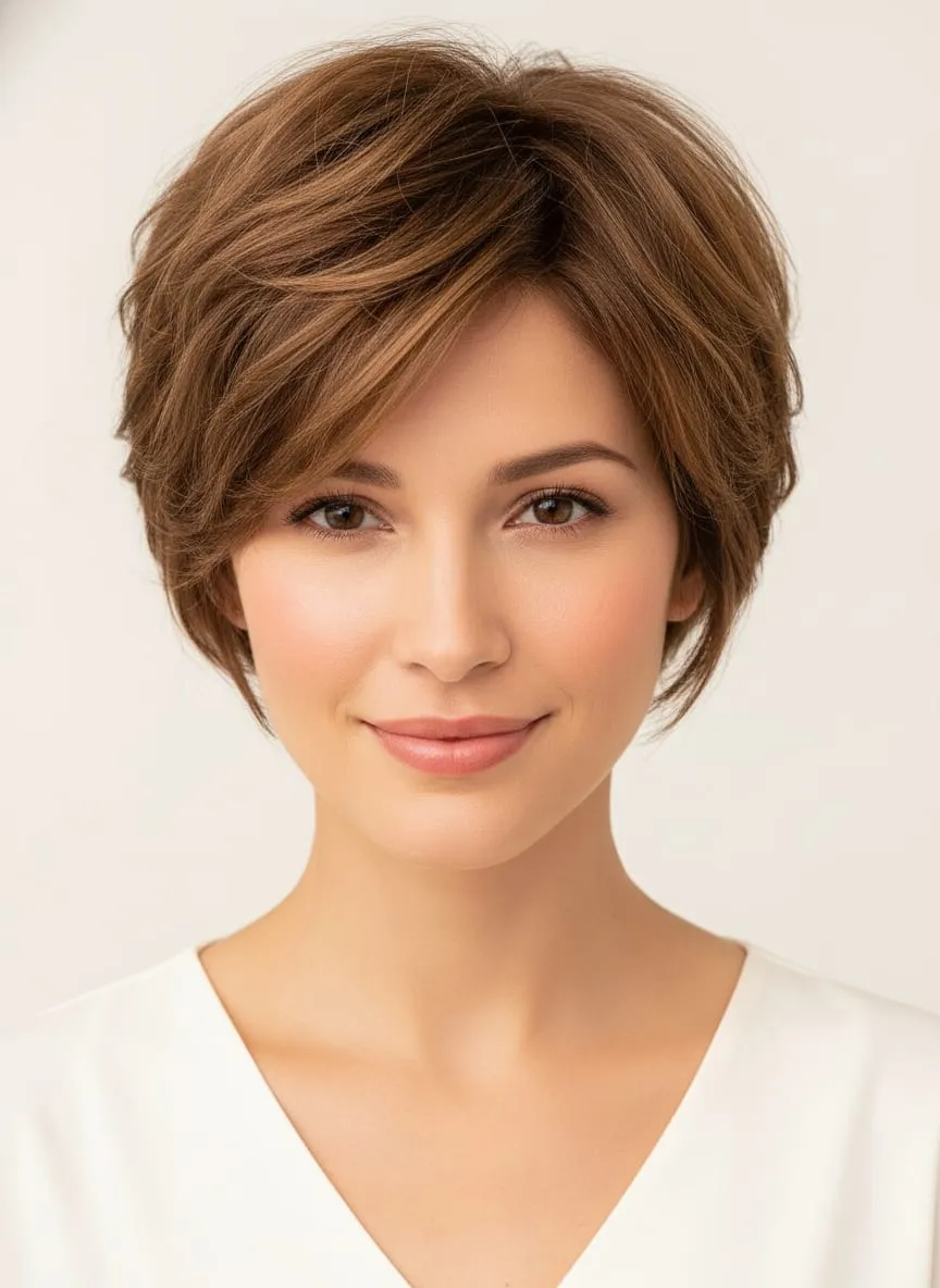 Short chestnut bixie with a side-swept fringe, textured crown layers and tapered front pieces falling to the jaw