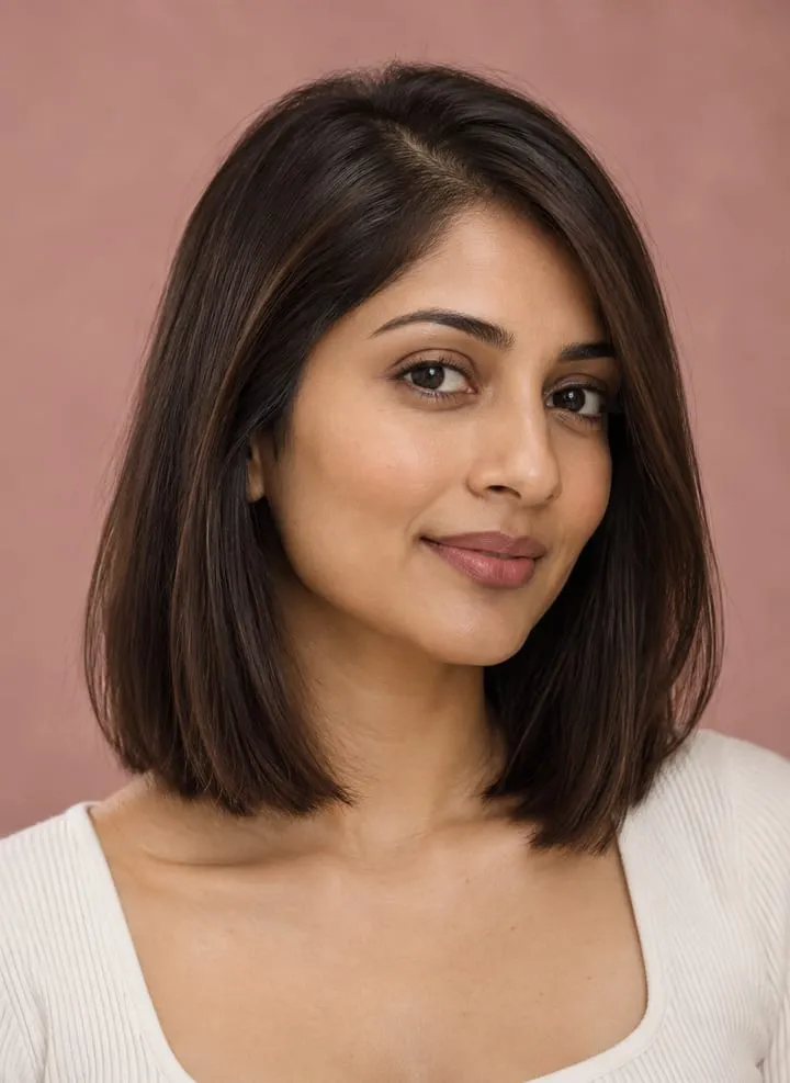 Woman with fine chestnut hair wearing a blunt collarbone-length clavicut