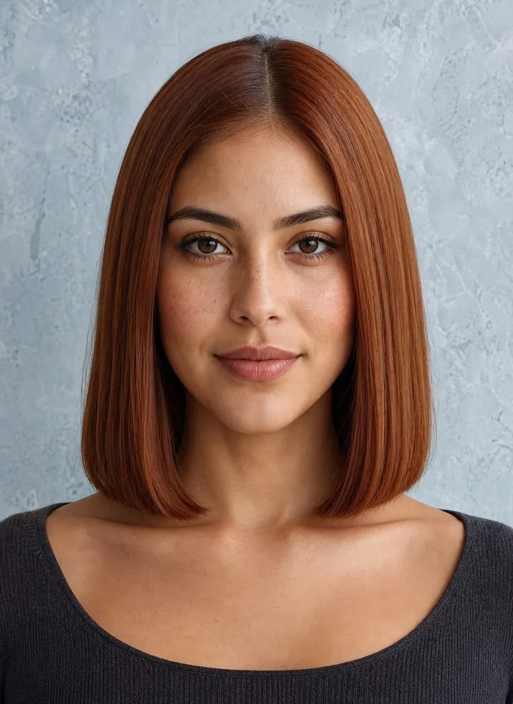 Woman with an oval face wearing a copper one-length blunt clavicut