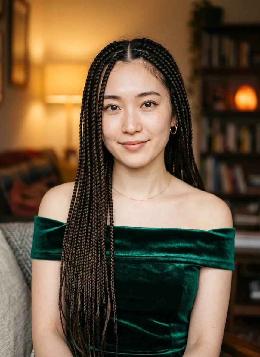 Waist-length box braids with clean square parts and a center parting, dark at the root and fading to a lighter brown at the ends