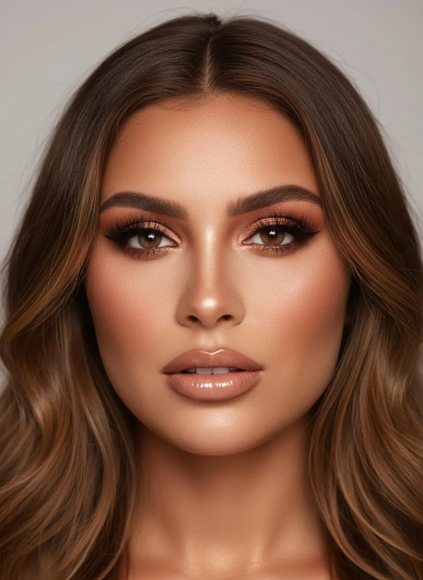 Bronze goddess makeup with copper metallic shadow blended past the crease, deeply bronzed and highlighted cheekbones and a shimmering caramel-nude lip