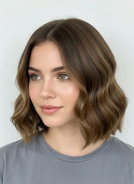 Shoulder-length wavy bob in a warm bronze brown, with burnished gold-brown ribbons lit through the mid-lengths and a deeper root