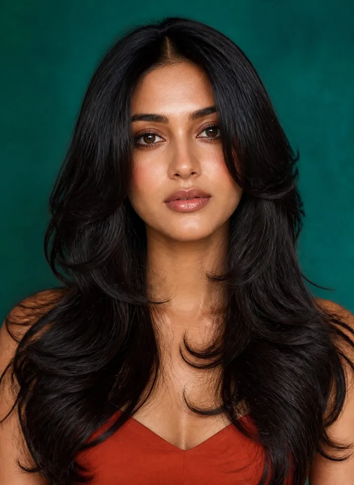Woman with an oval face wearing long black butterfly layers in a soft blowout