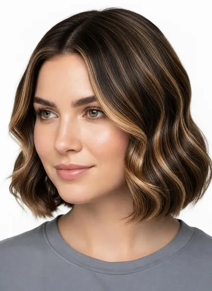 The same model with caramel highlights hair