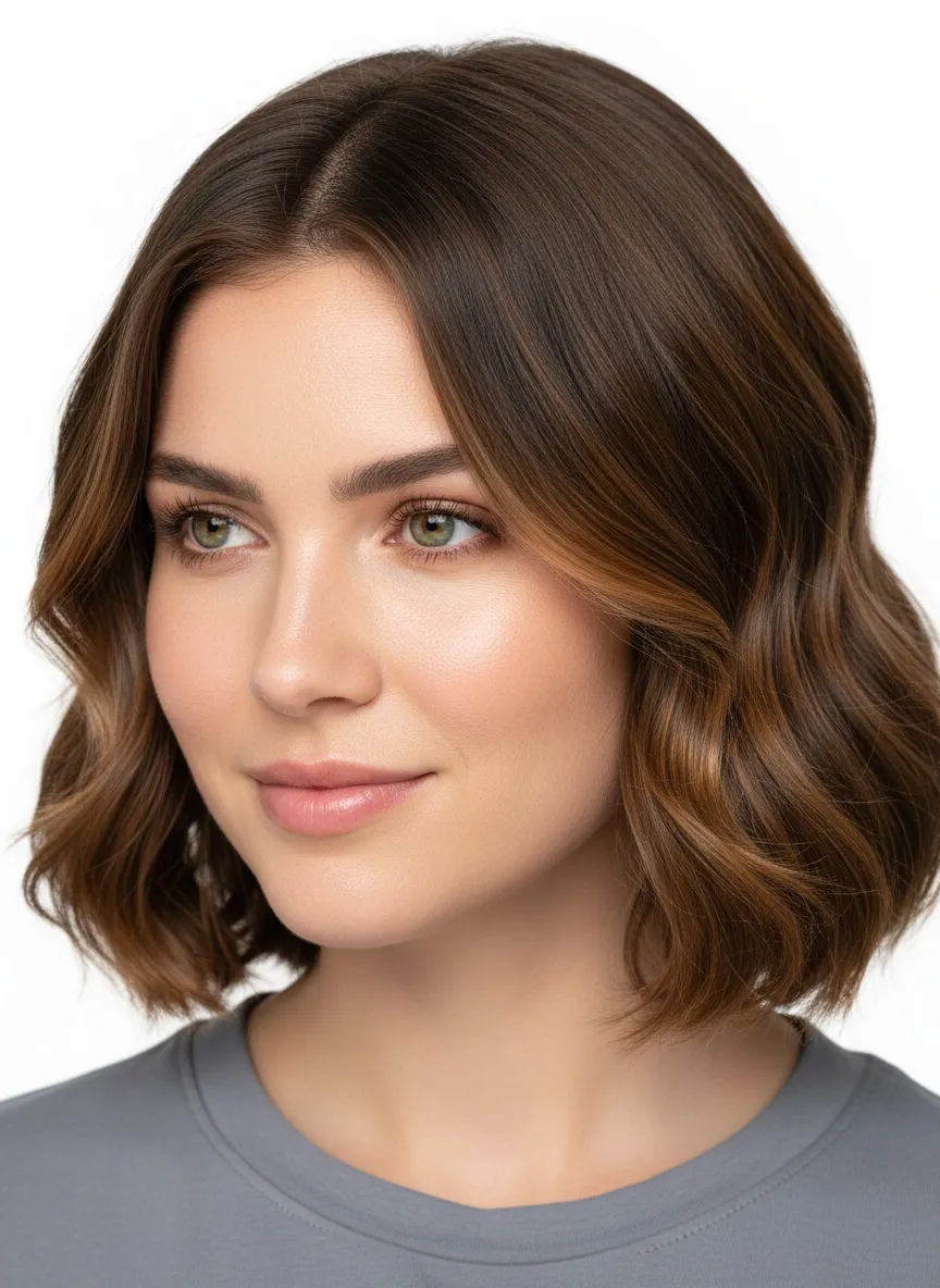Wavy shoulder-length bob in a warm mid-brown with golden caramel light running through the waves