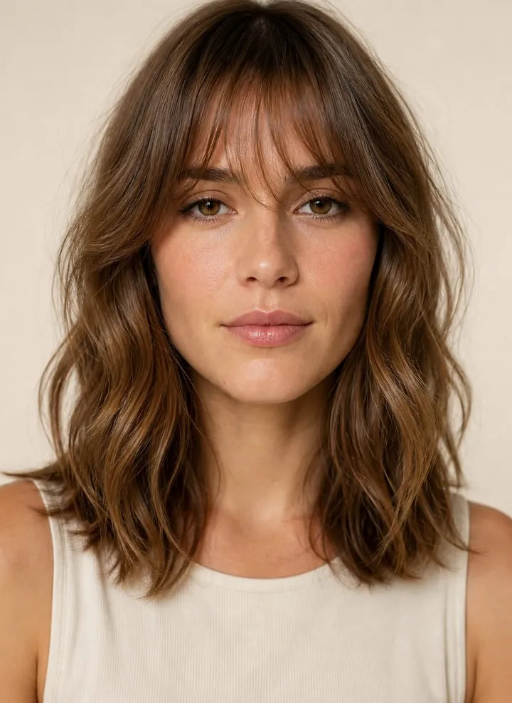 Woman with softly wavy brown hair wearing airy eyebrow-skimming cloud bangs