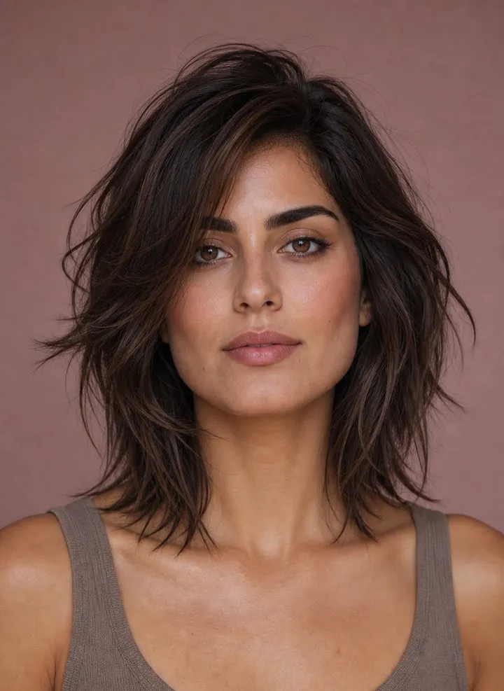 Collarbone shag with airy face-framing layers on a woman with a square face