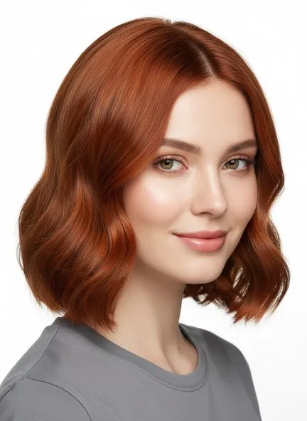 Softly waved bob in a saturated warm copper, bright penny-red with high shine through the crown and waves