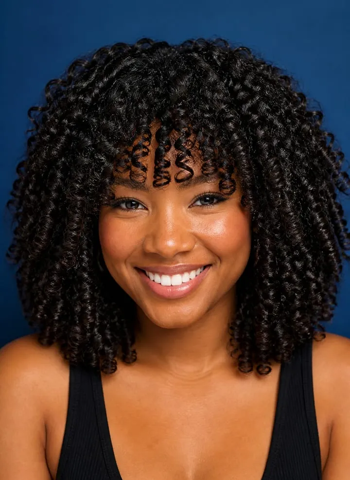 Smiling woman with a rounded dark-brown curly haircut and naturally springy curly bangs
