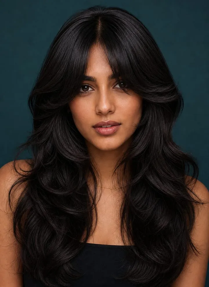 Woman with long black layers and full polished curtain bangs