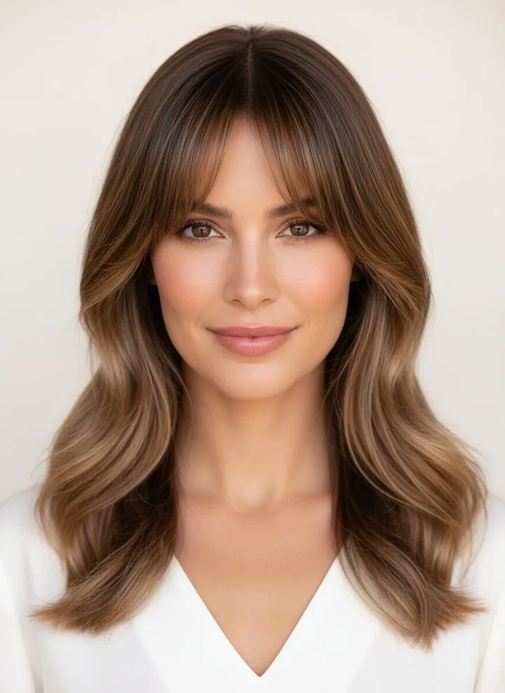 Long curtain bangs parted in the center and sweeping past the cheekbones