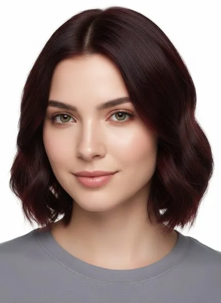 Wavy chin-length bob in dark auburn — a red-brown deep enough to read almost black away from the light