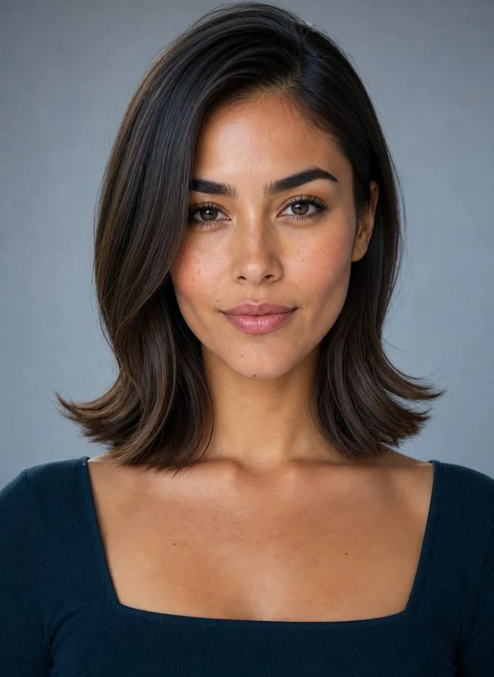 Collarbone lob with softly flipped ends on a woman with a visibly heart-shaped face