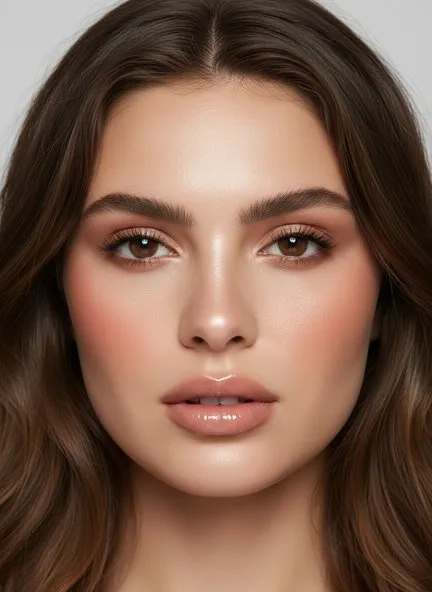 Fresh faced makeup with luminous unpowdered skin, a warm rose flush swept high across the cheekbones, softly brushed brows and a glossy nude lip