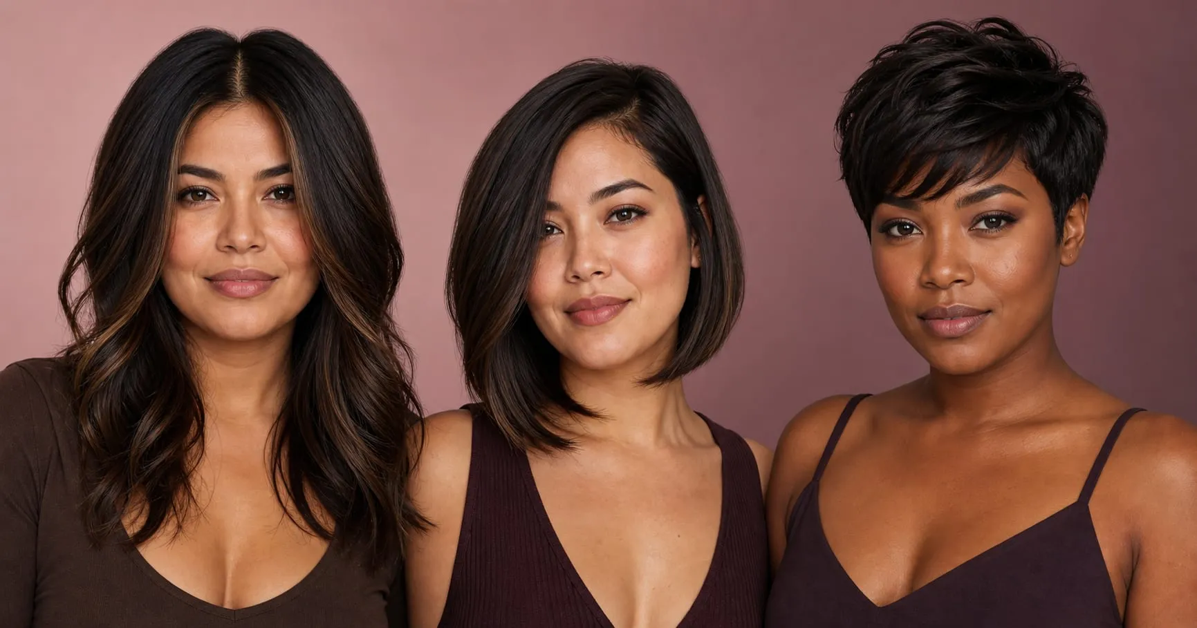 Three women with round faces wearing long face-framing layers, an angled lob, and a textured pixie cut