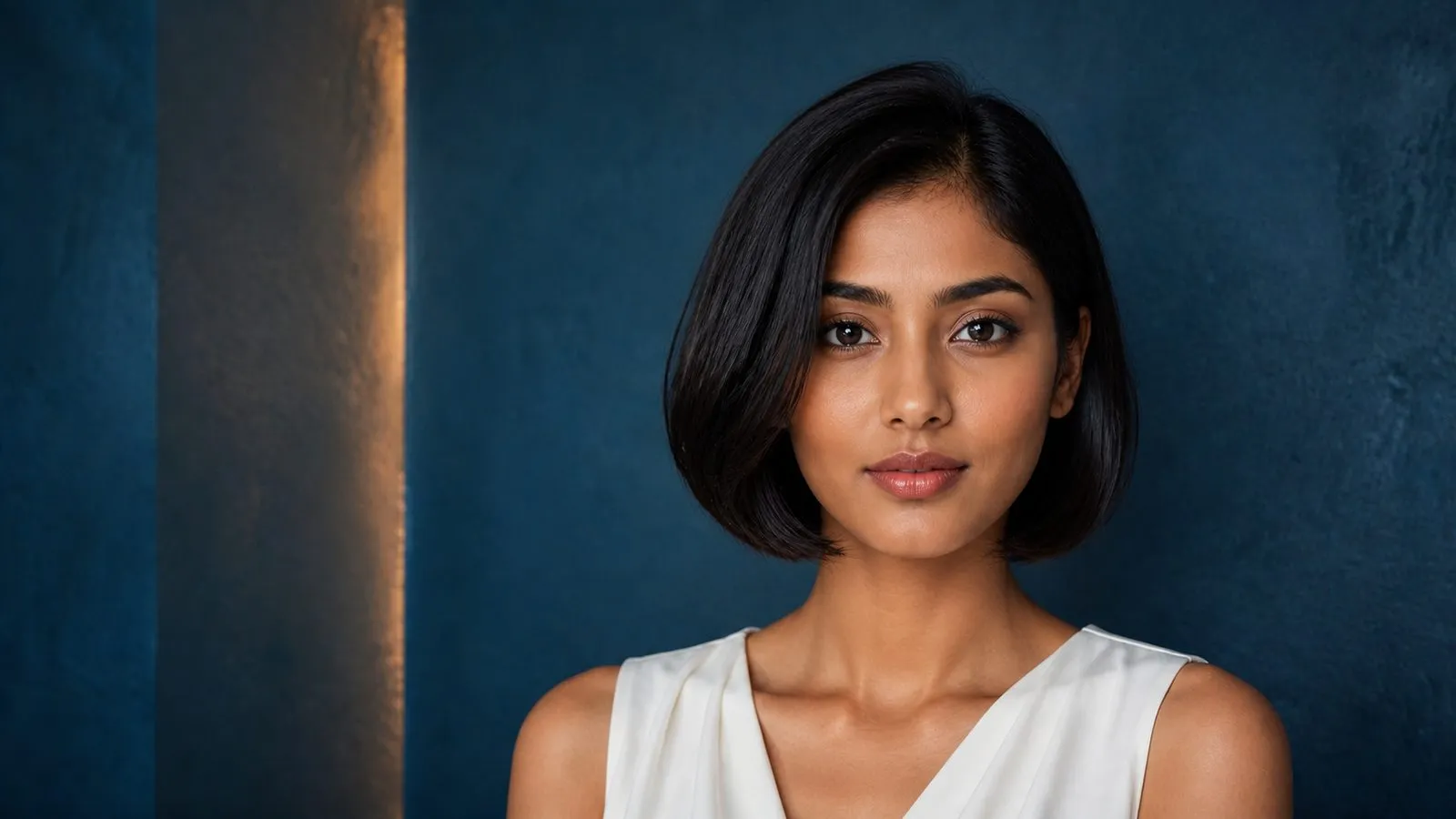 Young woman with an oval face and a glossy jaw-length black bob against a deep blue backdrop