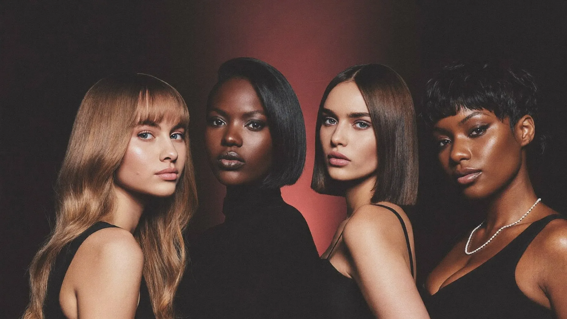 Four women with different face shapes wearing long layers, a chin-length bob, a sleek lob, and a pixie cut