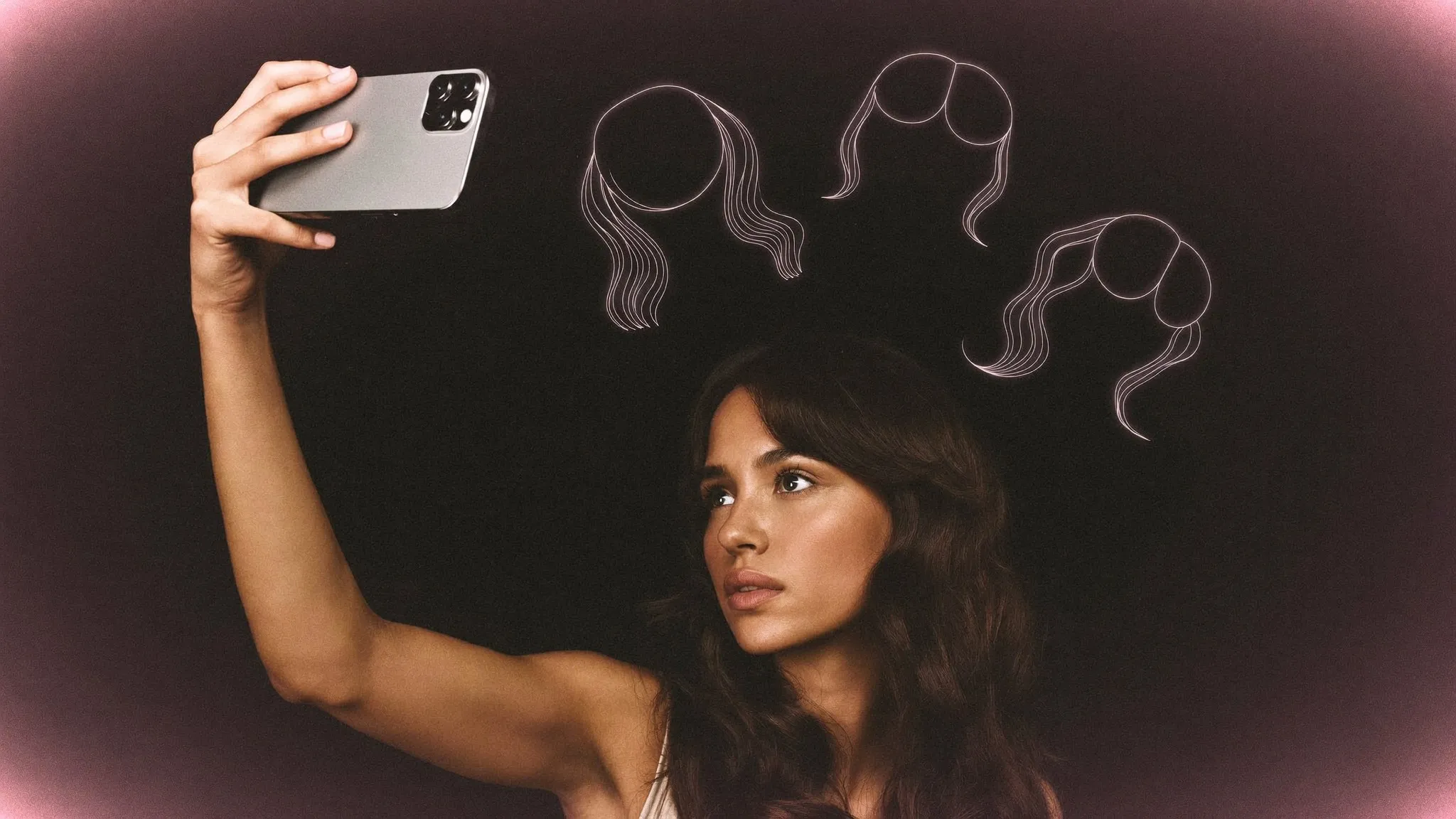 Woman taking a selfie while glowing outlines of three different hairstyles float beside her head