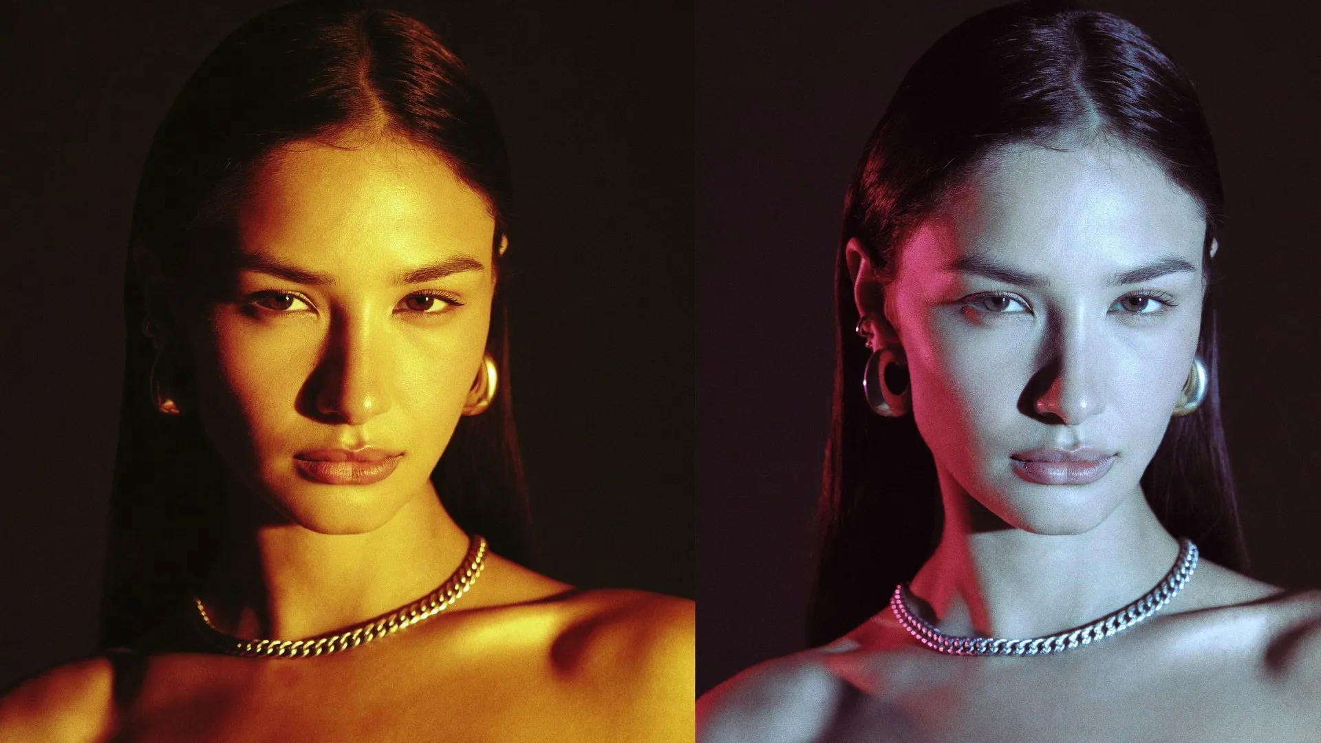 Split-lit portrait of a woman shown under warm golden light with gold jewelry and cool silver-blue light with silver jewelry