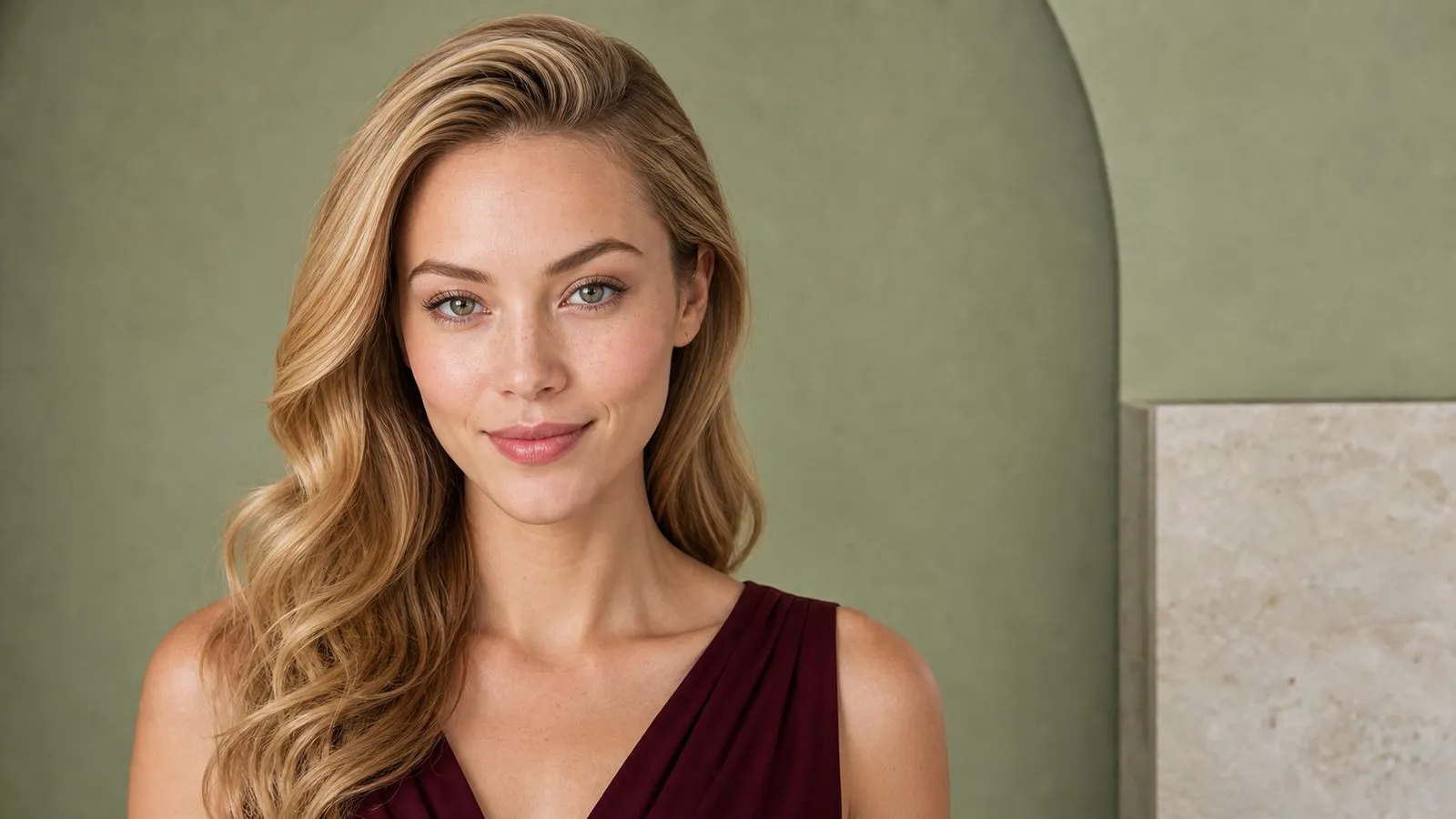 Young woman with a heart-shaped face and long blonde side-swept waves against a sage architectural backdrop