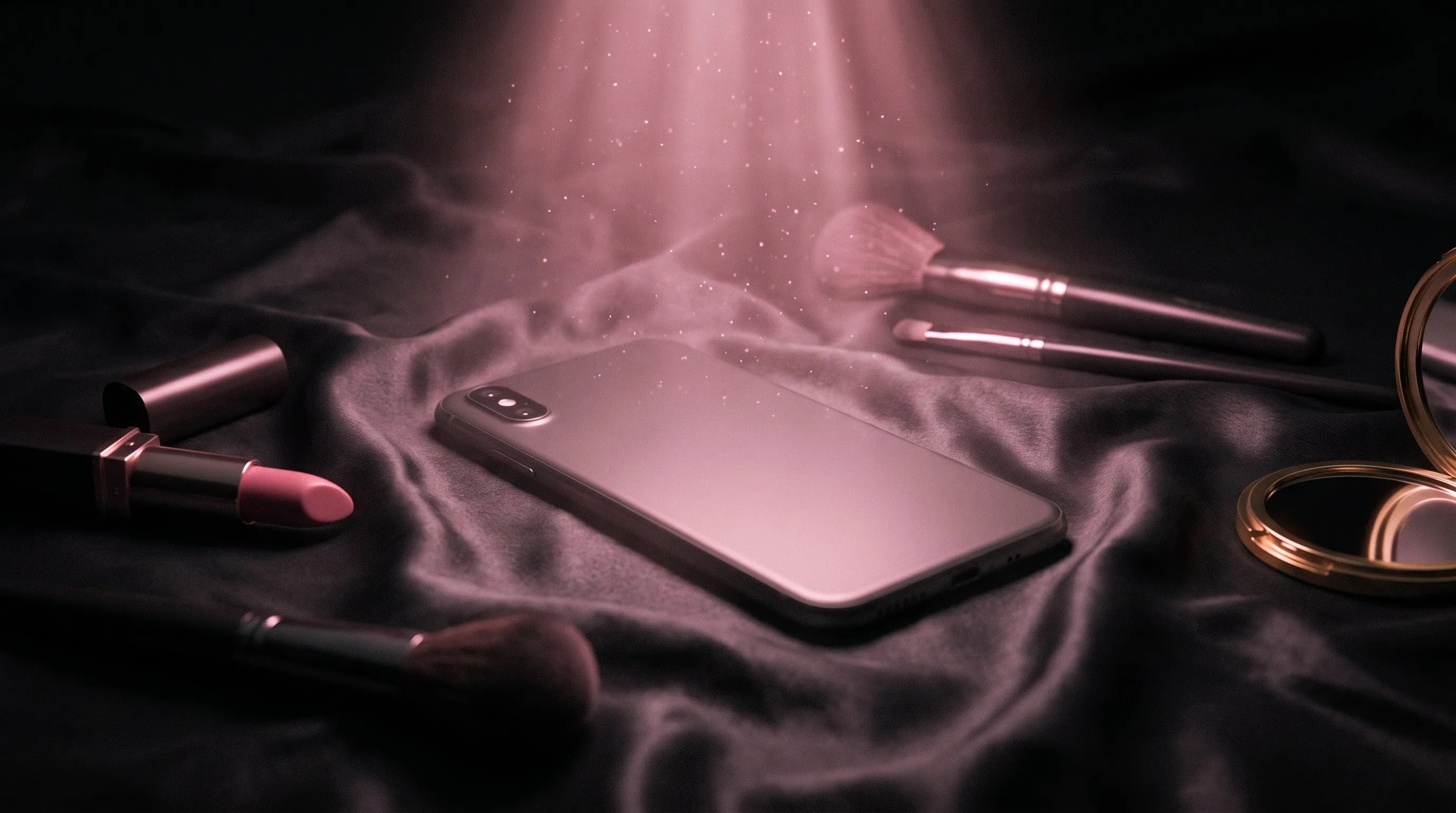 Smartphone lying face-down among lipstick, brushes, and a compact under a beam of pink light