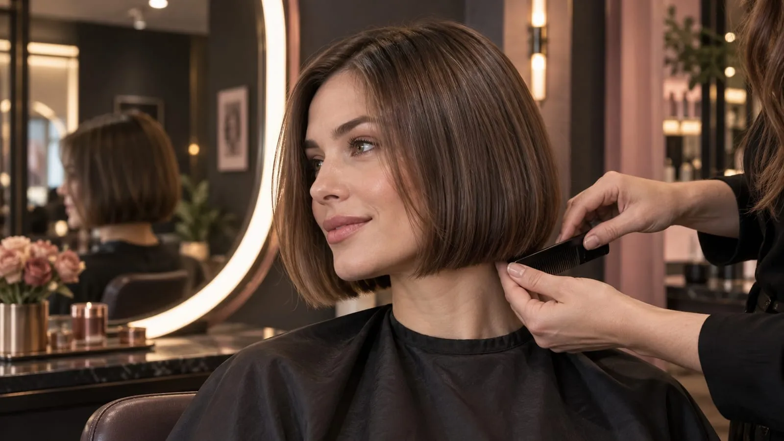 Stylist checking the clean perimeter of a glossy chin-length bob on fine brunette hair