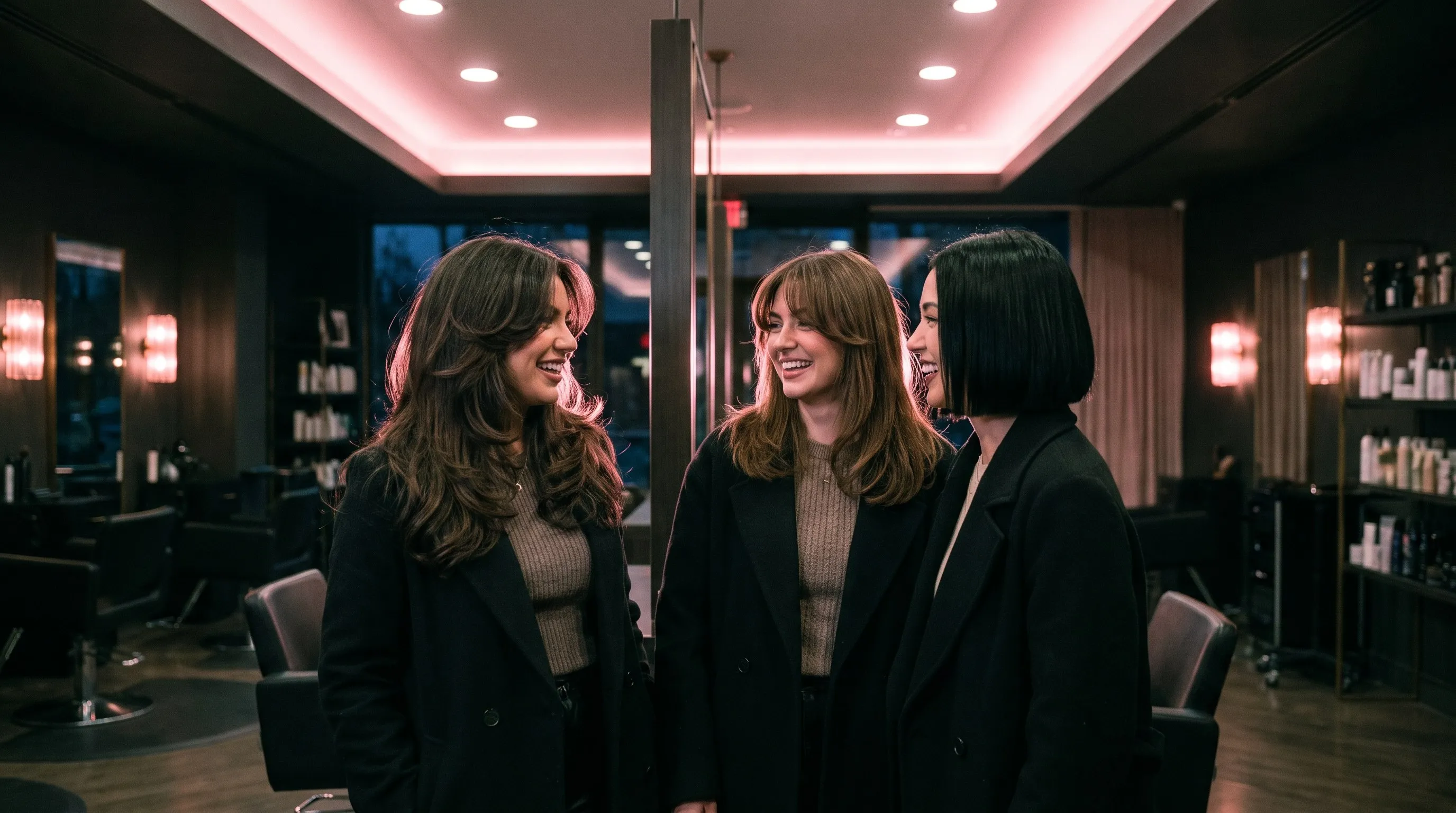 Three women in a salon showing a butterfly cut, curtain bangs, and a sleek blunt bob