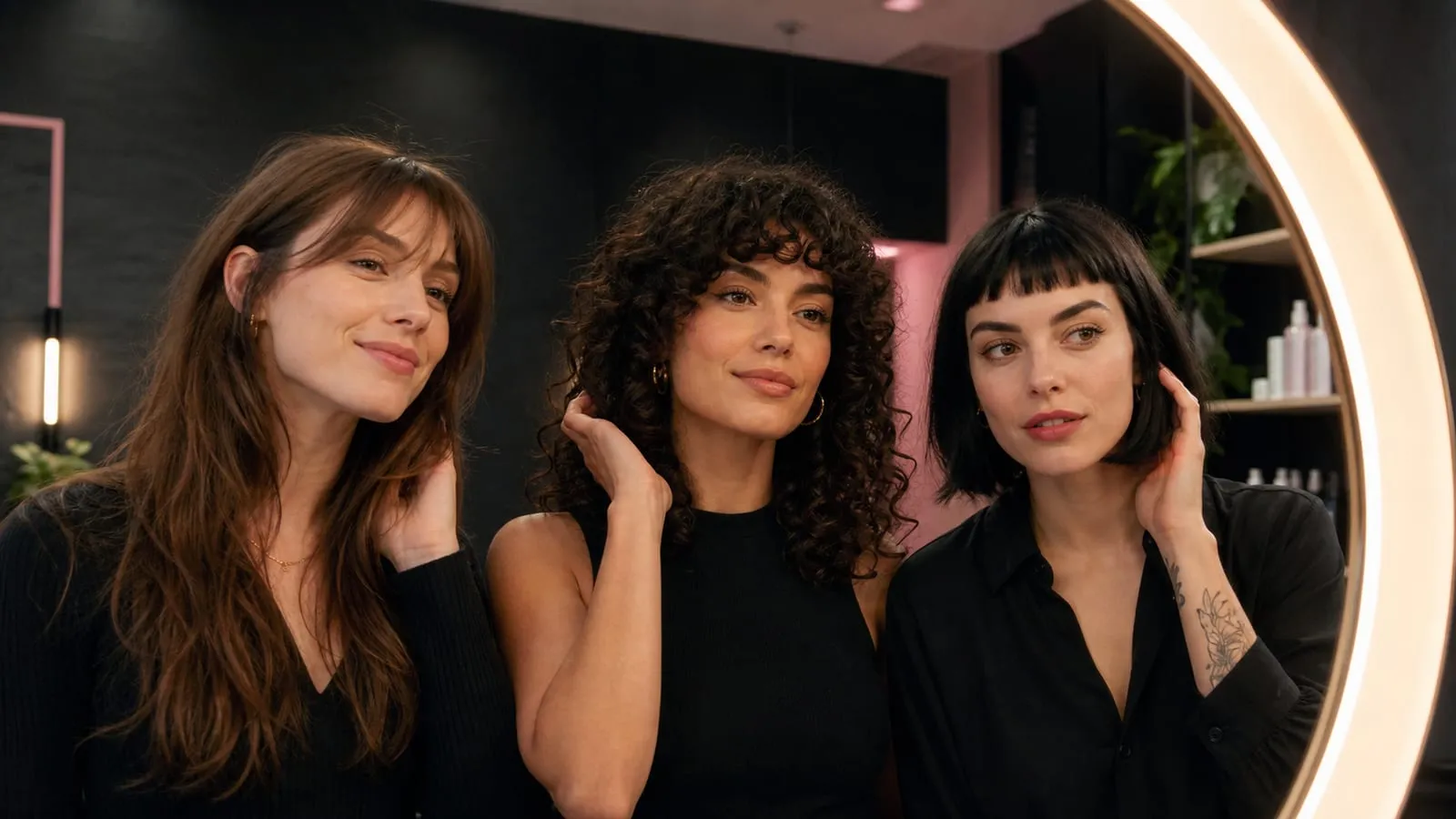 Three women comparing wispy, curly, and micro bangs in a softly lit modern salon mirror