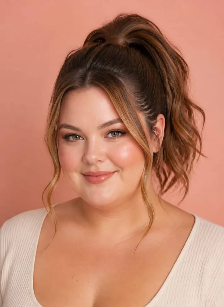 High ponytail with gentle crown height and long face-framing tendrils