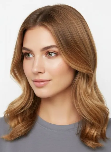 Long loose waves in honey blonde, deeper at the root and warm buttery gold through the mid-lengths and ends