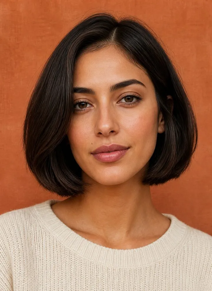 Woman with an oval face wearing a plush dark Italian bob