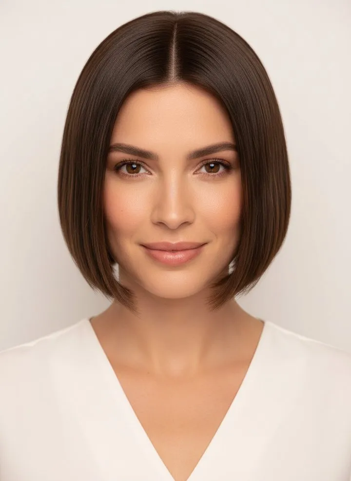 Sleek chin-length Italian bob with a center part