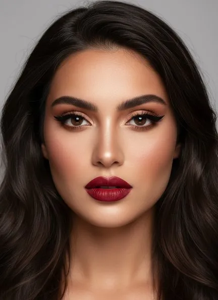 Deep matte red lip, sharp black winged liner and warm bronze shadow on softly contoured, bronzed skin