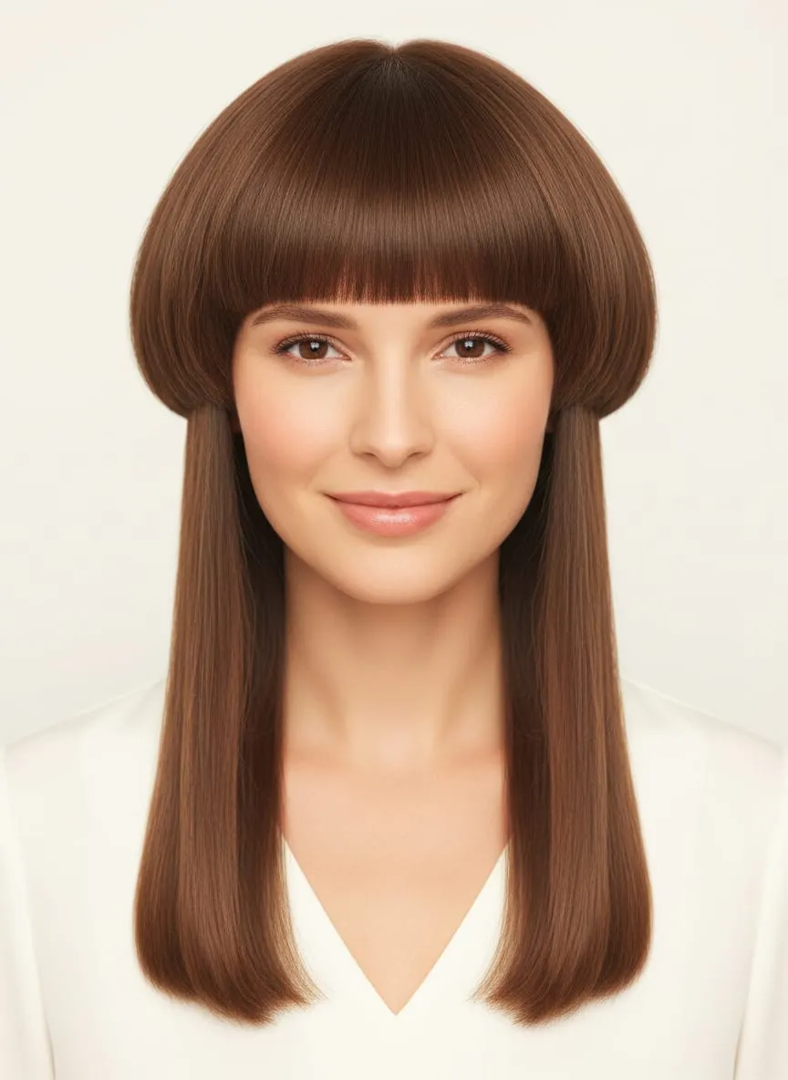 Jellyfish cut with a rounded, bowl-shaped upper layer and blunt fringe sitting well above long, poker-straight lengths