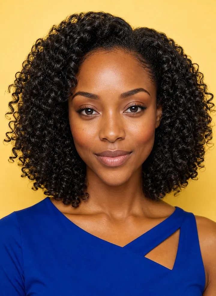 Layered natural curls with fullness near the jaw on a woman with a heart-shaped face