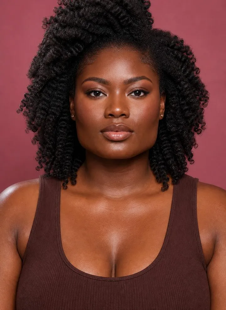 Layered natural curls with crown lift framing a woman with a square face