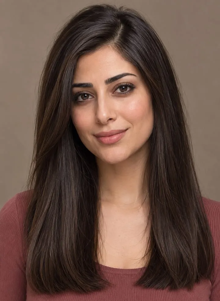 Woman with long fine dark brown hair wearing a softly rounded, minimally layered baseline below the collarbone