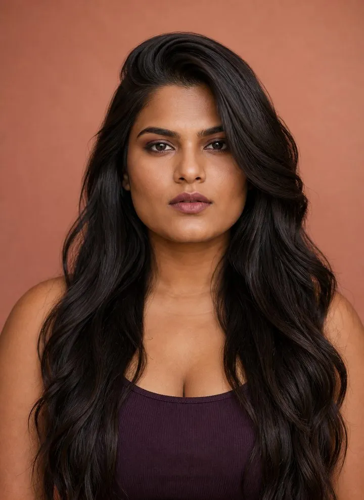 Long loose waves with a deep side part framing a woman with a square face
