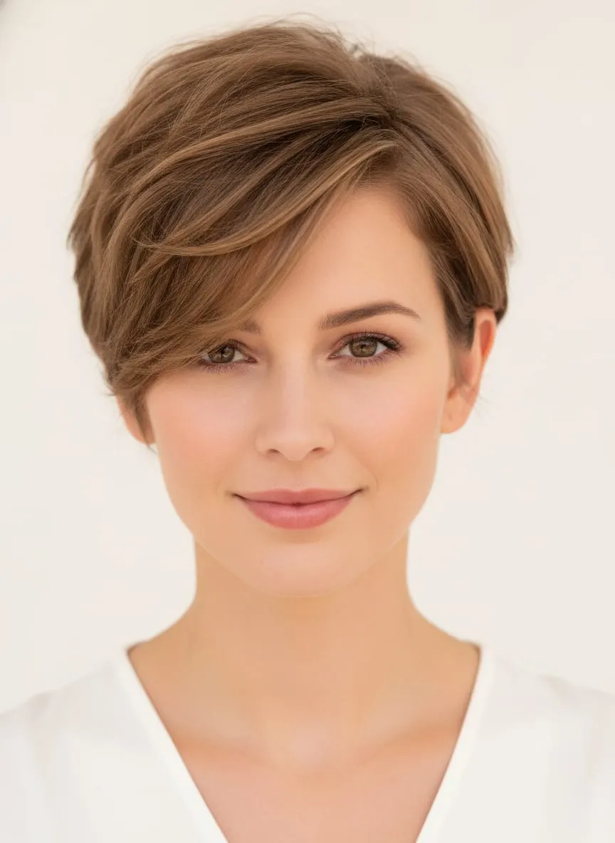 Long pixie cut with close-tapered sides and nape and a long side-swept fringe sweeping past the cheekbone