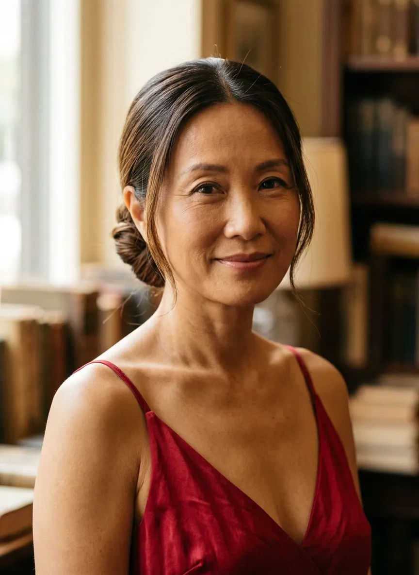 Dark hair smoothed back off a soft part into a small coiled knot at the nape, with loose tendrils left at the temples