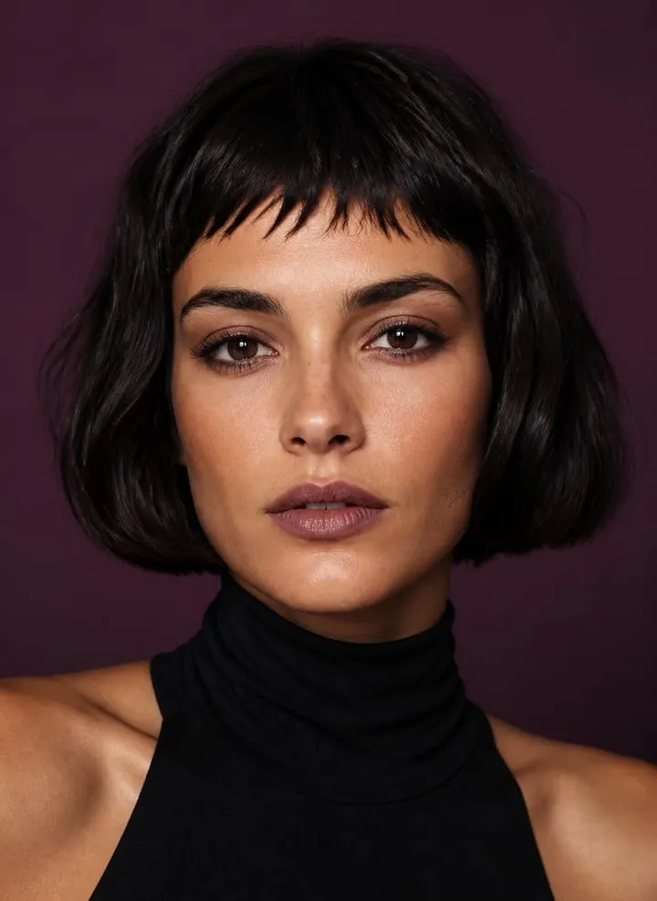 Woman with an espresso French bob and short textured micro bangs