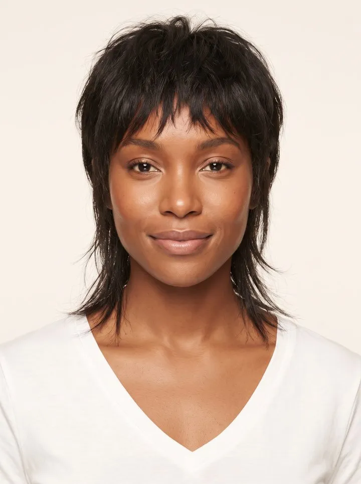 Soft modern mullet with shaggy top layers and longer nape layers