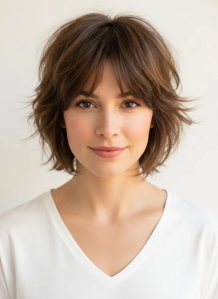 Collarbone shag with crown lift and long face-framing texture