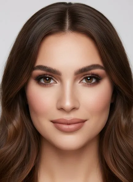 Softly smoked brown eye, groomed brows, rosy blush and a satin nude-pink lip on lightly glowing skin