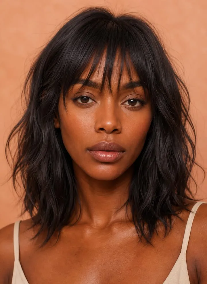 Woman with shoulder-length dark waves and separated eyebrow-length piecey bangs